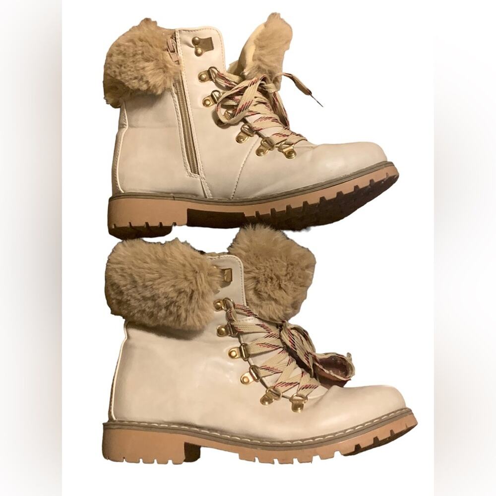 Catherine Malandrino Hershey Beige Faux Fur Lace Up Combat Style Cuff Boots Sz 9
